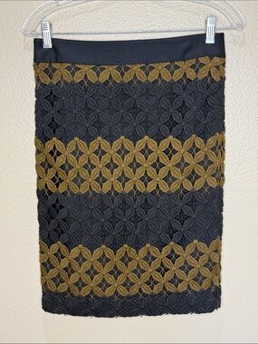 LOFT Black Pencil Skirt with Olive Lace Stripes